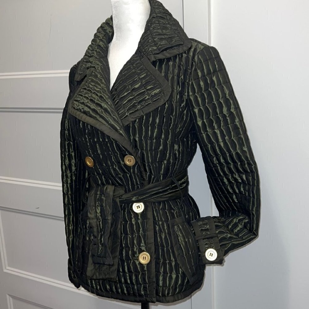 ZARA Woman Metallic Green Quilted Double Breasted Tied Trench Coat Size Medium - Picture 6 of 16